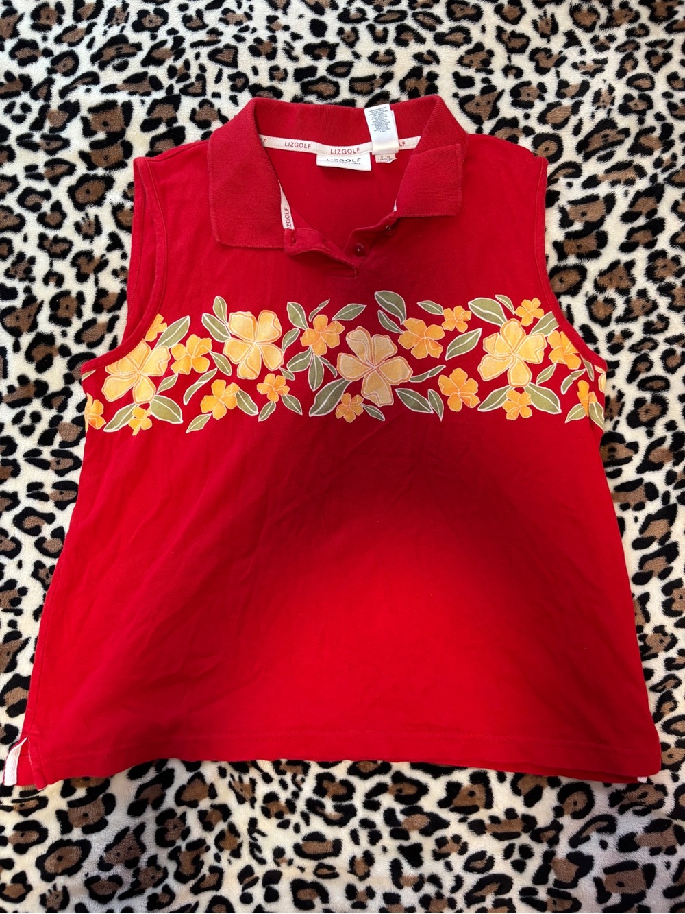 Vintage LizGolf Red Sleeveless Floral Hawaiian Inspired Polo Tank Top